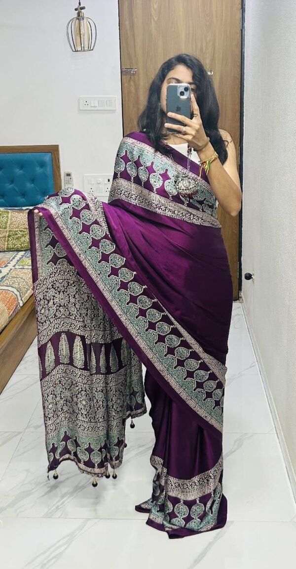 Wine fancy ajrakh printed crepe silk saree - Image 2