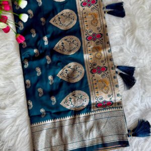 Morpeach blue traditional paithani silk saree with zari weaving work