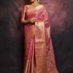 Gold and pink banarasi handwoven embroidery tissue saree with zari border
