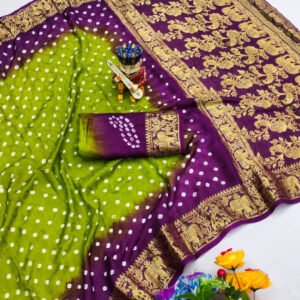 Mahendi green and purple hand bandhej bandhani saree with zari weaving border