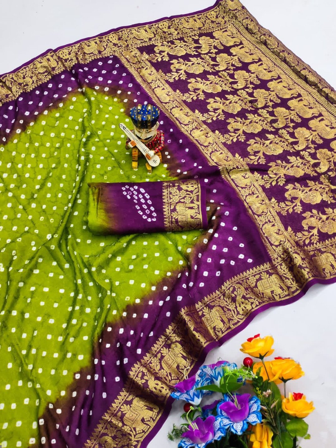 Mahendi green and purple hand bandhej bandhani saree with zari weaving border