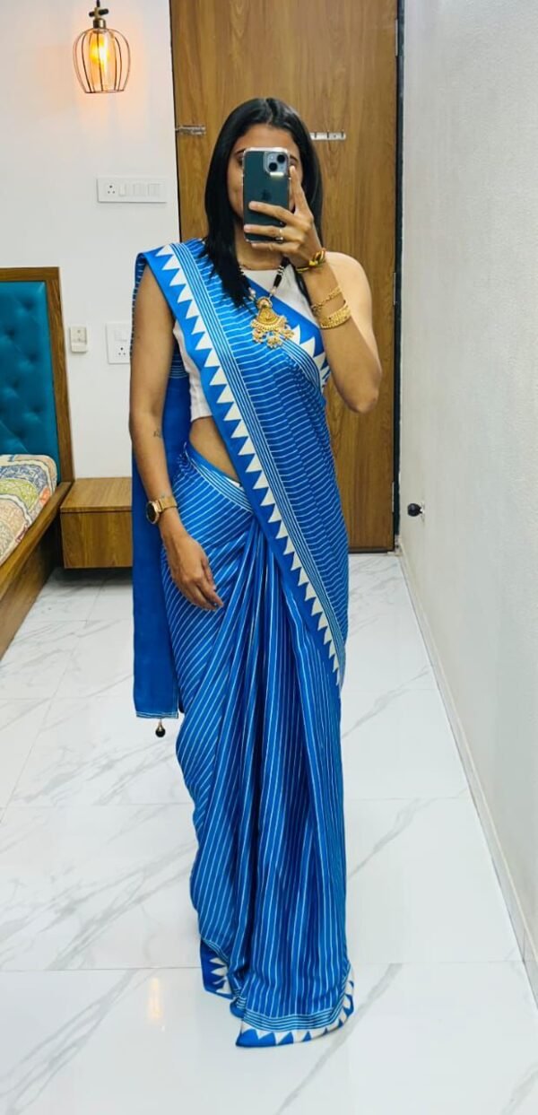 Firoji fancy ajrakh printed crepe silk saree - Image 4