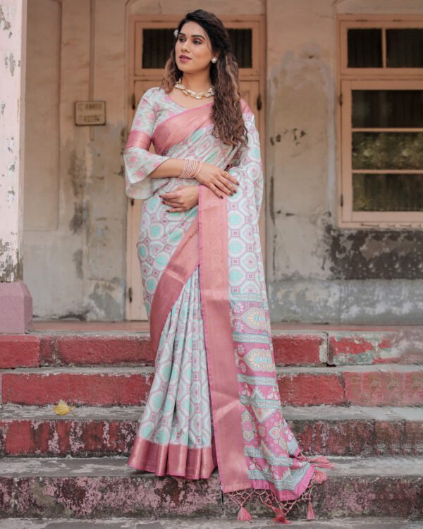 Multi digital printed banarasi silk saree with gold zari border - Image 5