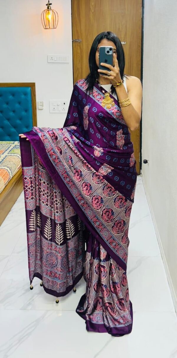 Wine fancy ajrakh printed crepe silk saree - Image 2