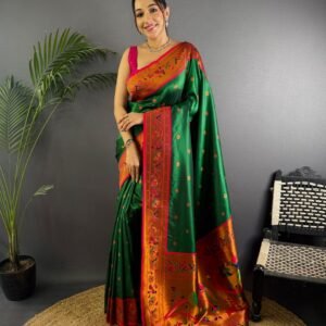 Dark green color paithani silk saree with zari weaving work
