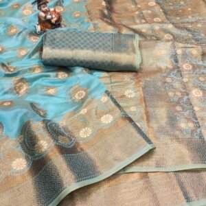 Sky blue colour soft handloom cotton saree with zari weaving work