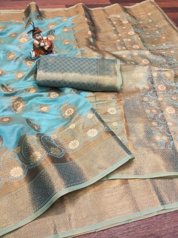 Sky blue colour soft handloom cotton saree with zari weaving work