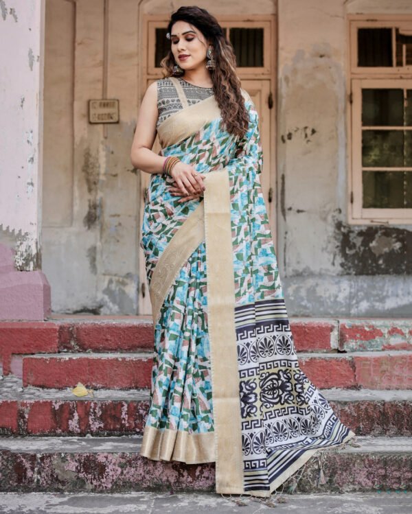 Multi digital printed tussar silk saree with zari motif border - Image 5
