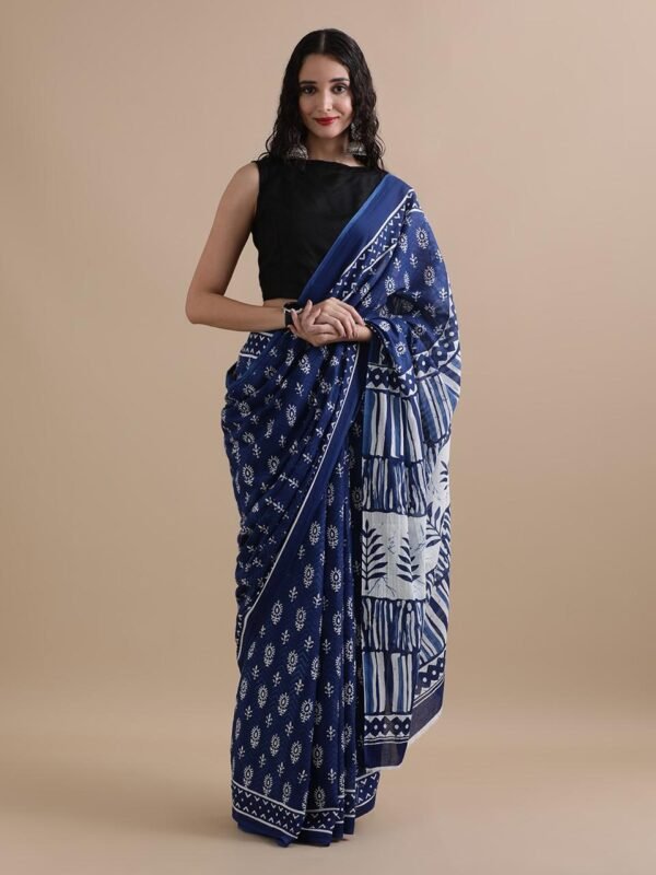Pink colour pure mulmul cotton saree with bagru hand block printed work - Image 4