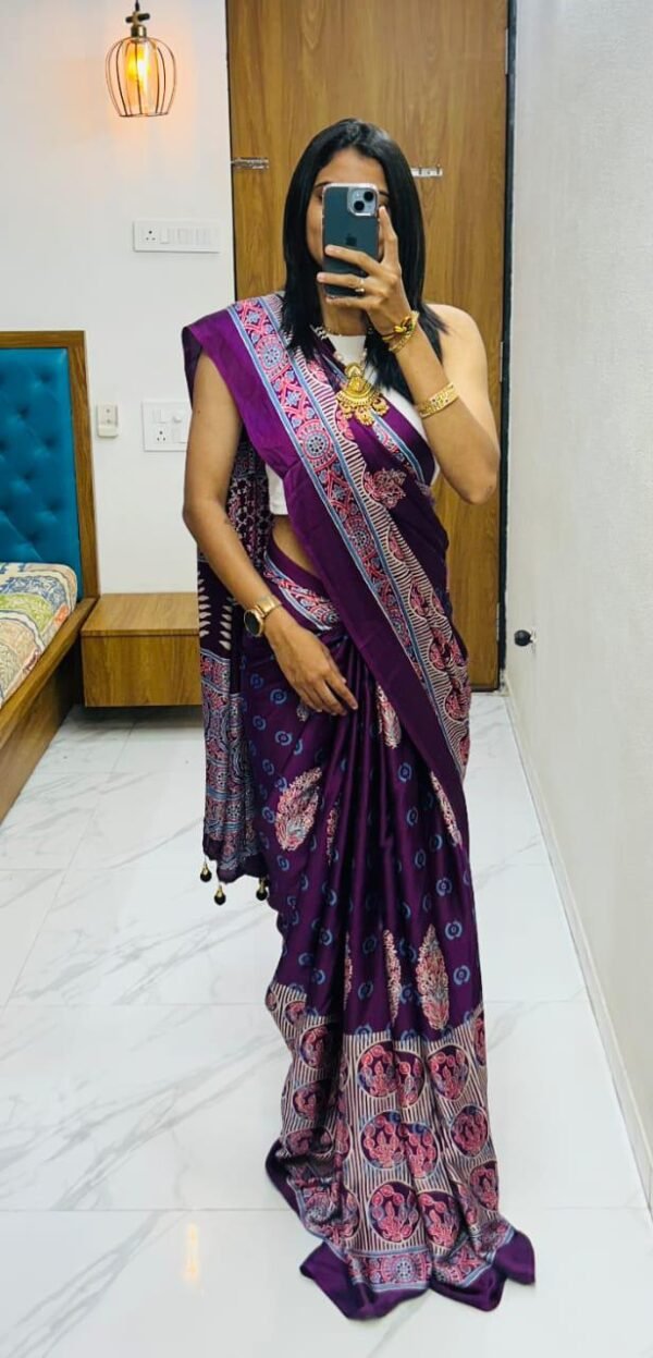 Wine fancy ajrakh printed crepe silk saree - Image 4