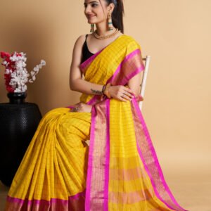 Yellow color soft cotton saree with zari weaving work
