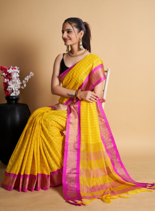 Yellow color soft cotton saree with zari weaving work