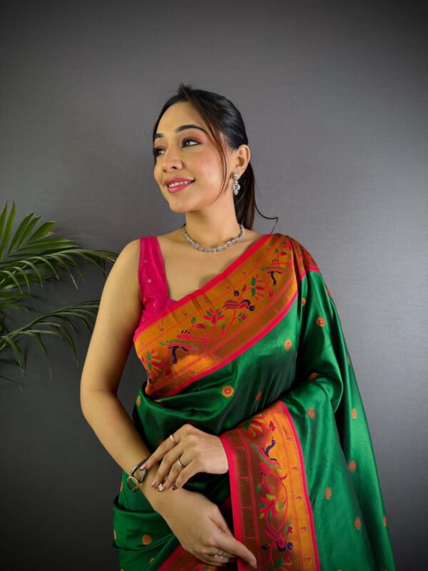 Dark green color paithani silk saree with zari weaving work - Image 3