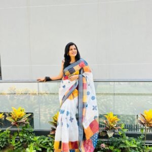 White office wear linen cotton saree with digital printed work