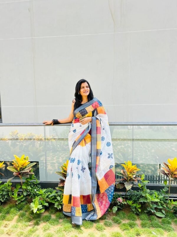 White office wear linen cotton saree with digital printed work