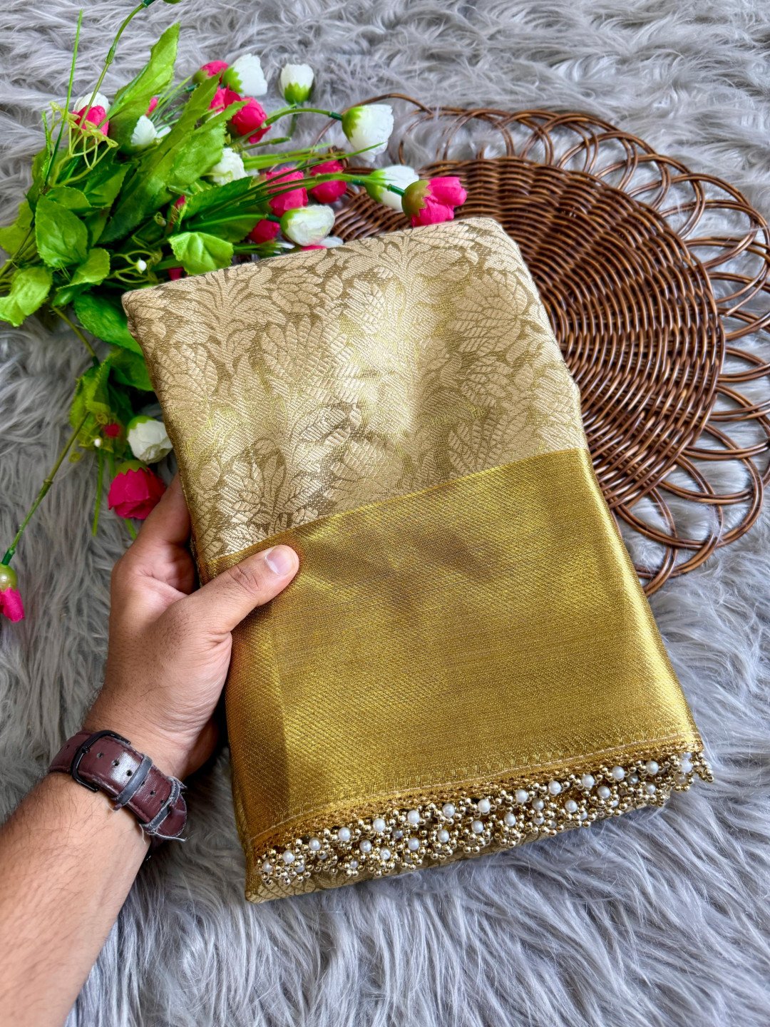 Gold premium banarasi tissue silk saree with zari weaving work