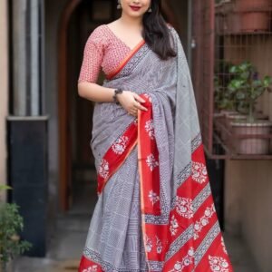 Gray ajrakh printed soft cotton saree