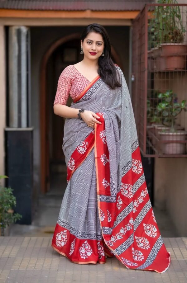 Gray ajrakh printed soft cotton saree