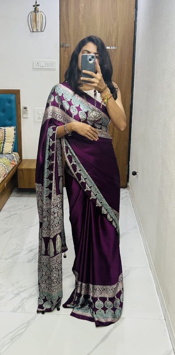 Wine fancy ajrakh printed crepe silk saree - Image 3