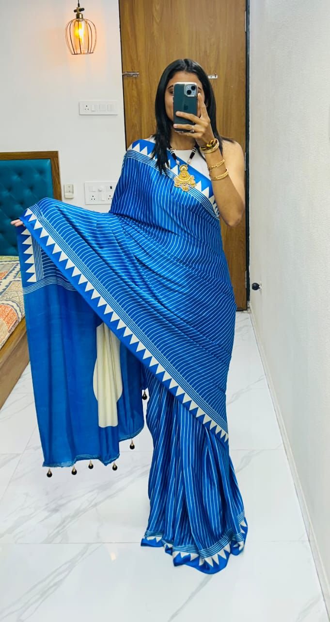 Firoji fancy ajrakh printed crepe silk saree