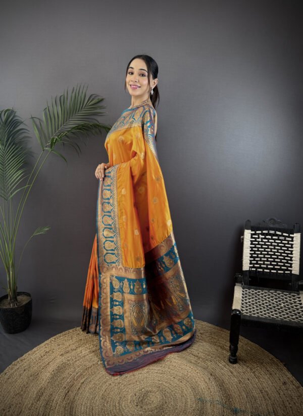 Orange traditional banarasi silk saree with zari weaving work - Image 2