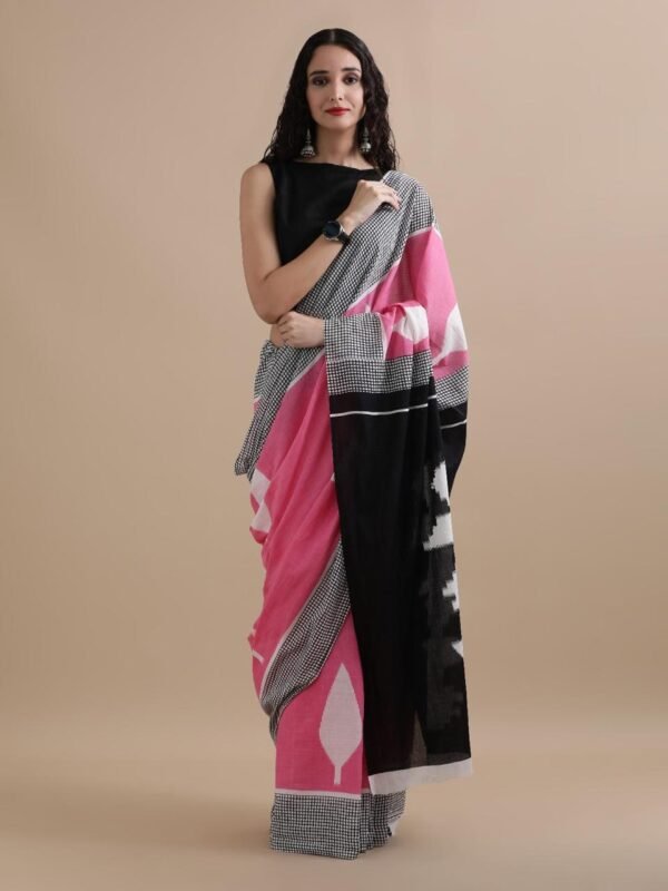Pink colour pure mulmul cotton saree with bagru hand block printed work - Image 5