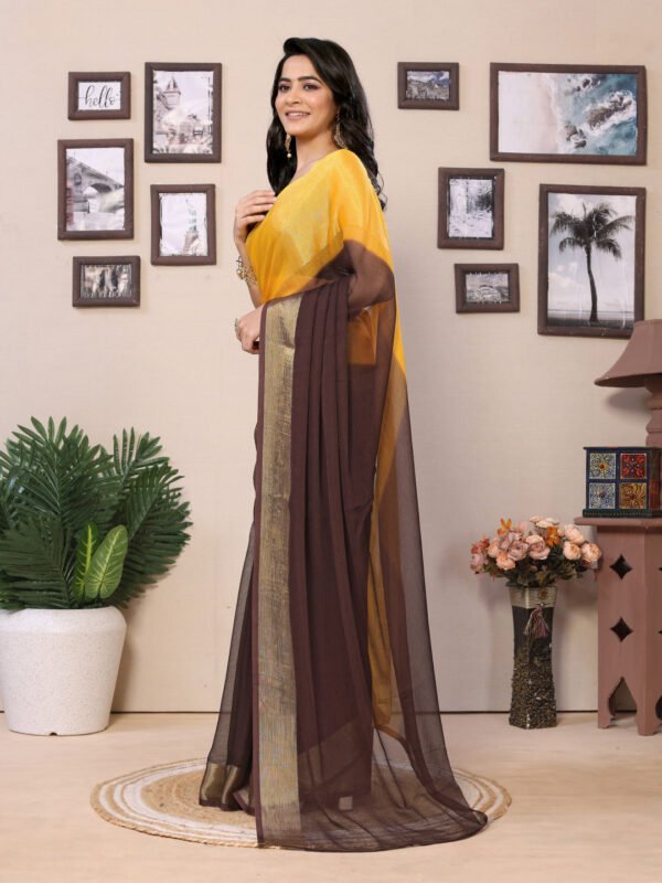 Fancy Ready to wear multi plain chiffon saree with woven stripe work - Image 2