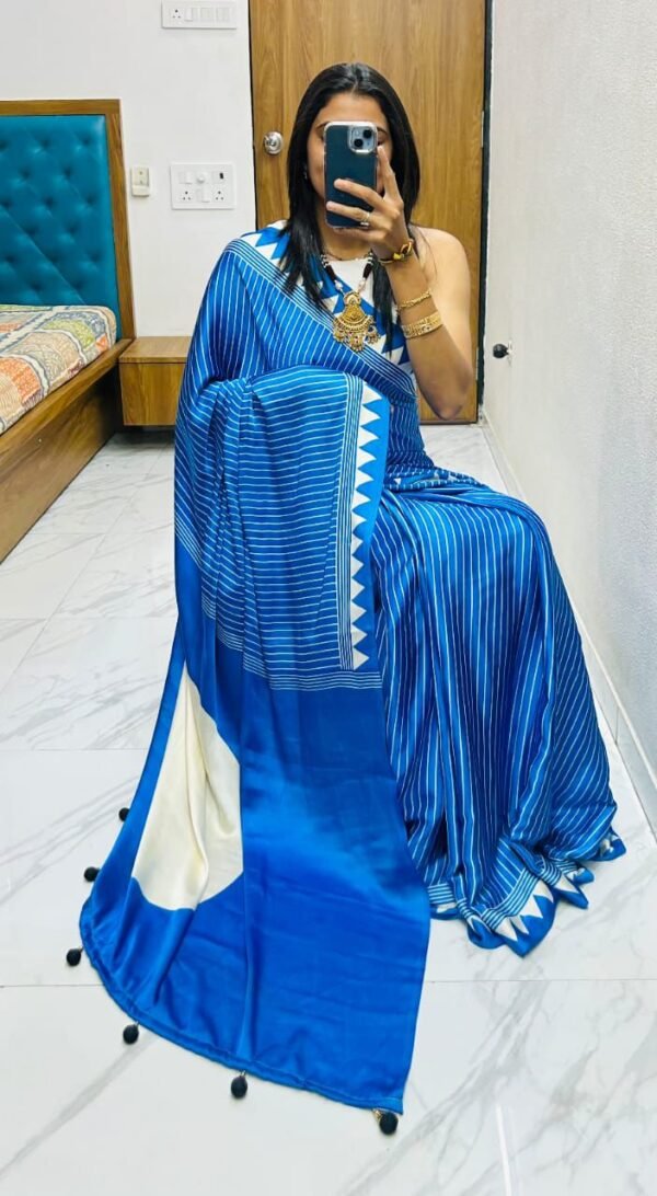 Firoji fancy ajrakh printed crepe silk saree - Image 2