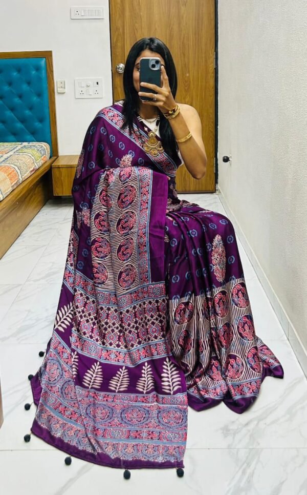 Wine fancy ajrakh printed crepe silk saree - Image 3