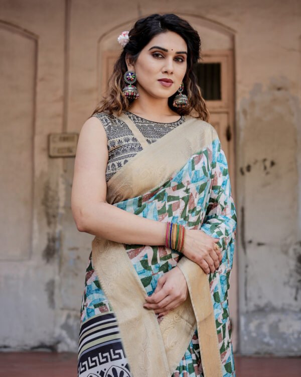 Multi digital printed tussar silk saree with zari motif border - Image 3