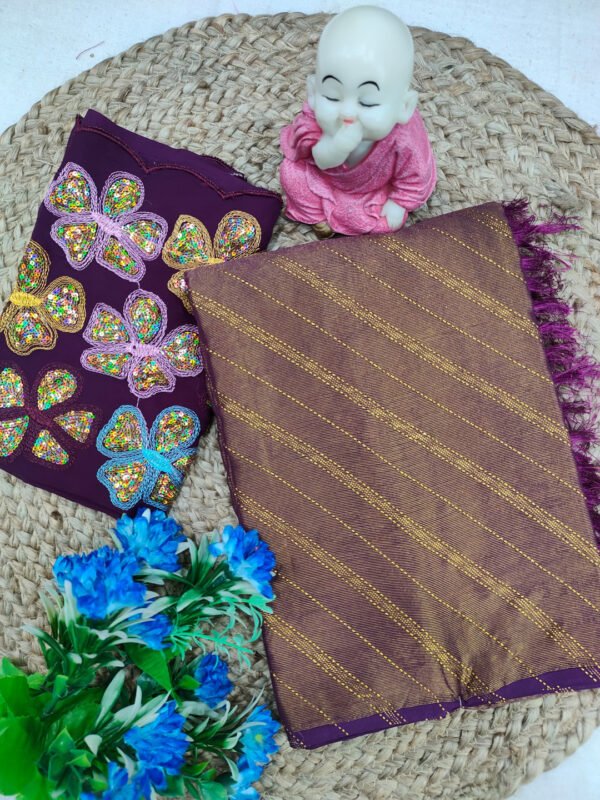Pink brasso silk saree with golden foil work - Image 3