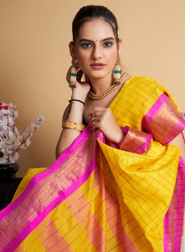 Yellow color soft cotton saree with zari weaving work - Image 4