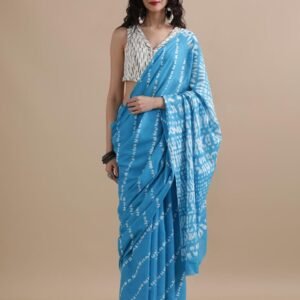 Sky blue colour pure mulmul cotton saree with bagru hand block printed work