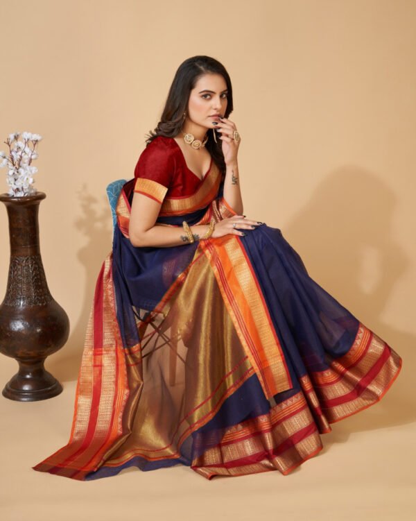 Red color kota doriya saree with zari weaving work - Image 7