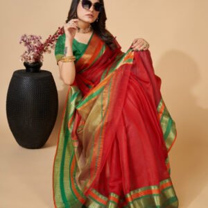 Red color kota doriya saree with zari weaving work