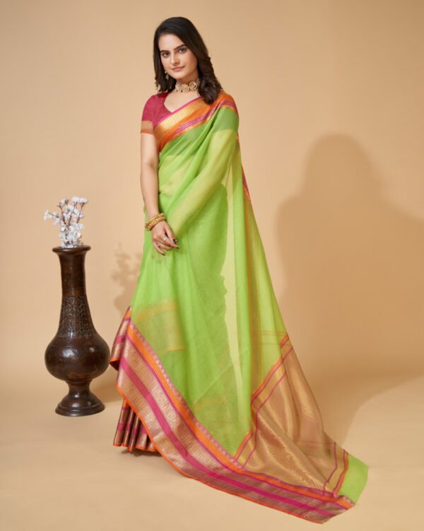 Red color kota doriya saree with zari weaving work - Image 6