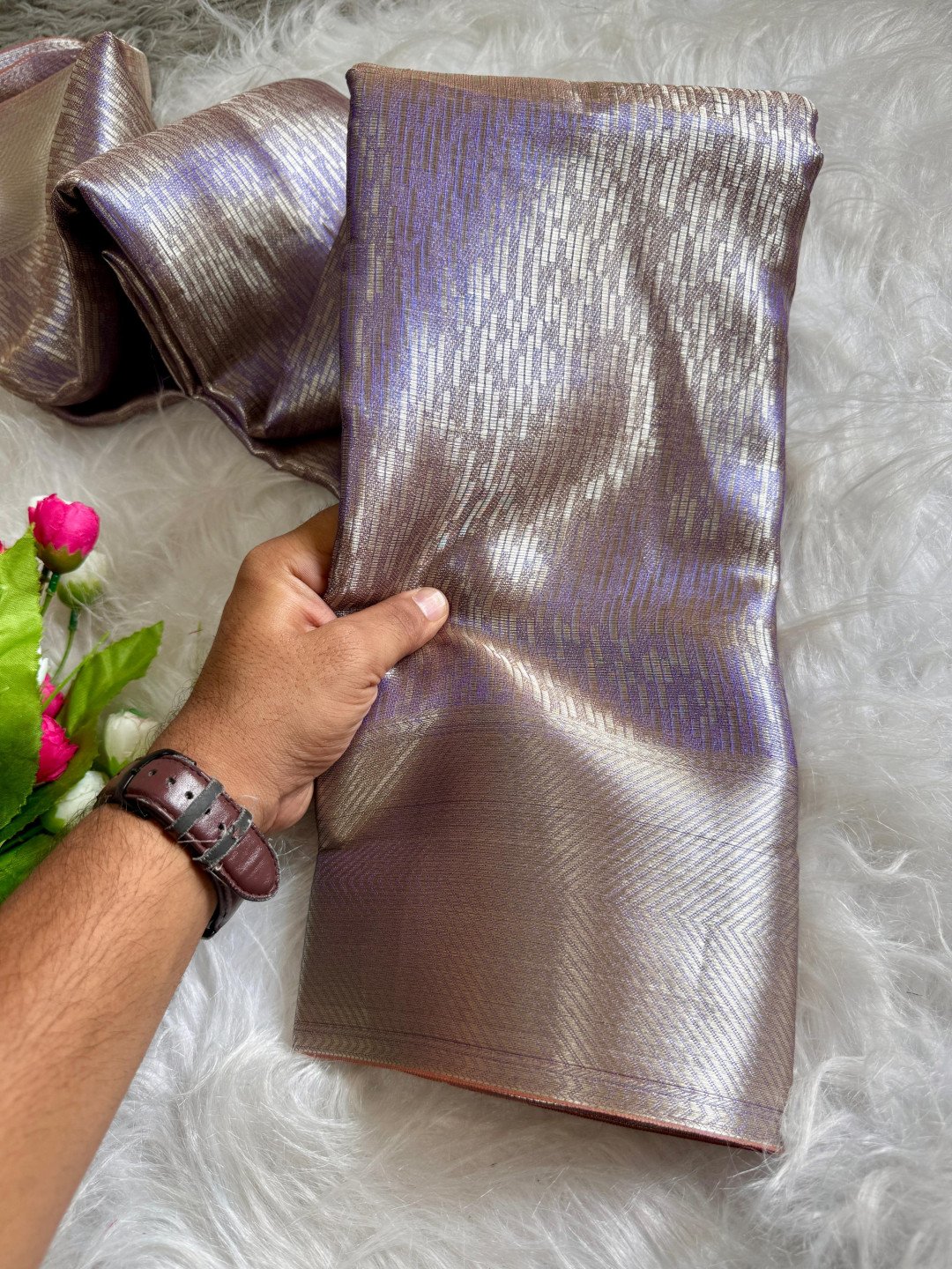 Lavender banarasi handloom tissue silk saree with golden zari weaving work