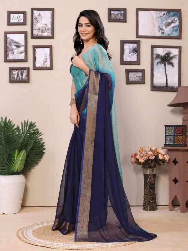 Fancy Ready to wear multi plain chiffon saree with woven stripe work - Image 10