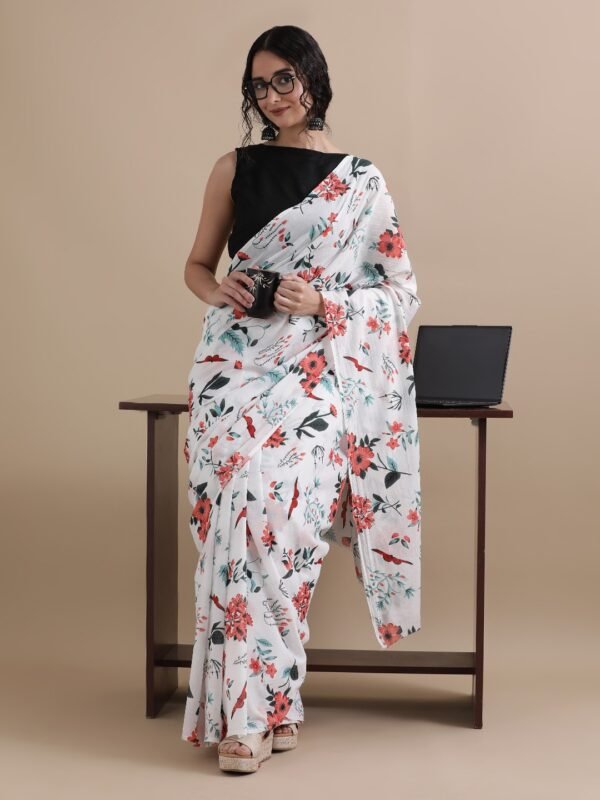 Blue colour pure mulmul cotton saree with bagru hand block printed work - Image 6