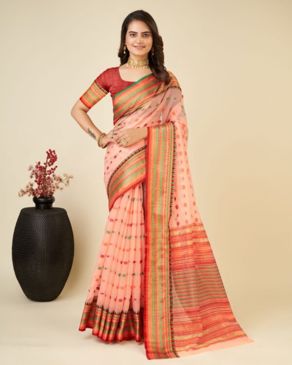 Peach color kota doriya saree with zari weaving work - Image 2