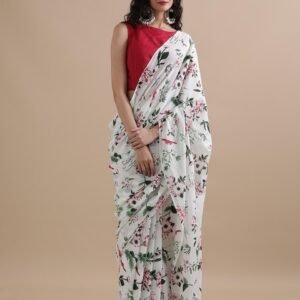 White colour pure mulmul cotton saree with bagru hand block printed work
