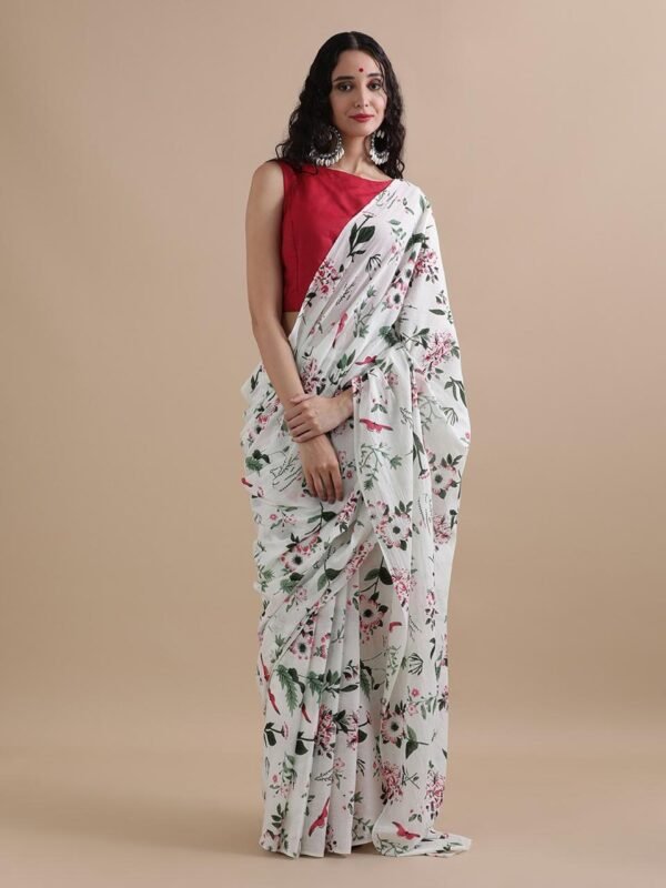 White colour pure mulmul cotton saree with bagru hand block printed work