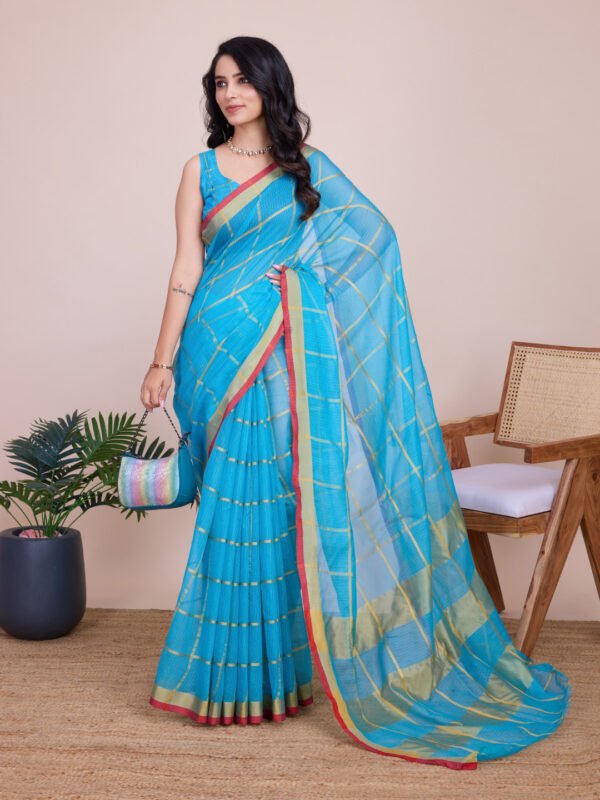 Peach kota doriya saree with zari weaving work - Image 9