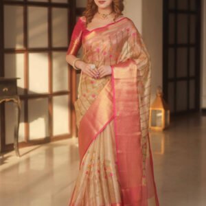 Gold and pink banarasi handwoven embroidery tissue saree with zari border