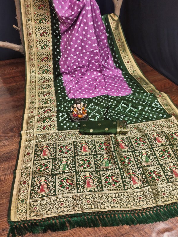 Pink and purple color bandhej silk saree with meenakari weaving work - Image 7