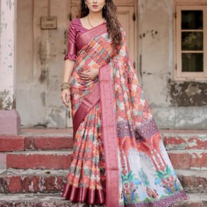 Multi digital printed tussar silk saree with zari motif border