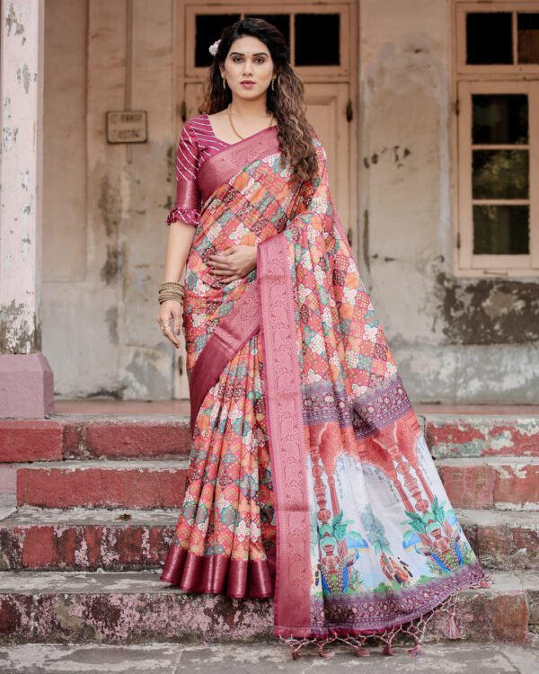 Multi digital printed tussar silk saree with zari motif border
