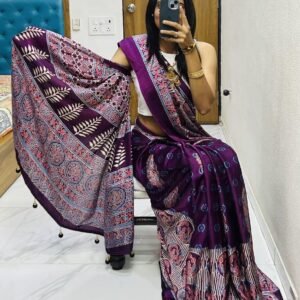 Wine fancy ajrakh printed crepe silk saree
