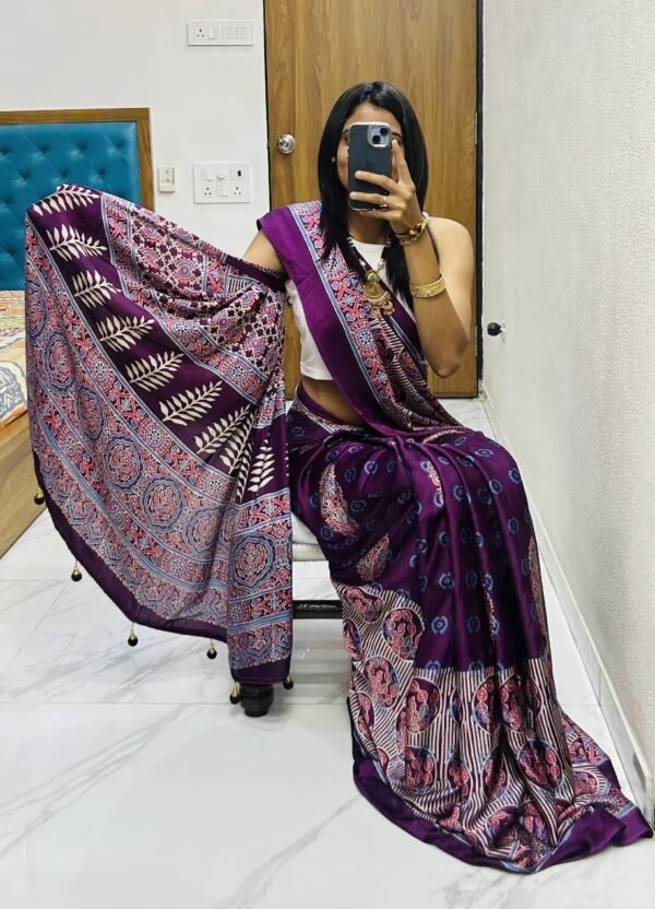 Wine fancy ajrakh printed crepe silk saree