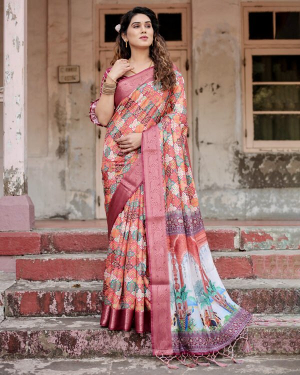 Multi digital printed tussar silk saree with zari motif border - Image 5